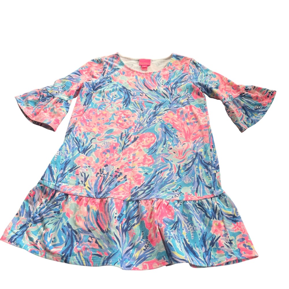 Lilly Pulitzer Girls Pink Blue Floral French Terry Bell Sleeve Dress Size L 12 - Picture 4 of 5
